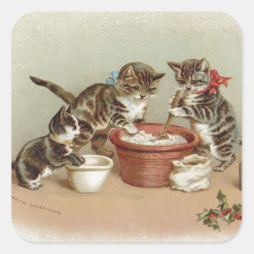 Vintage Christmas Kitty Cats Making Pudding Square Sticker