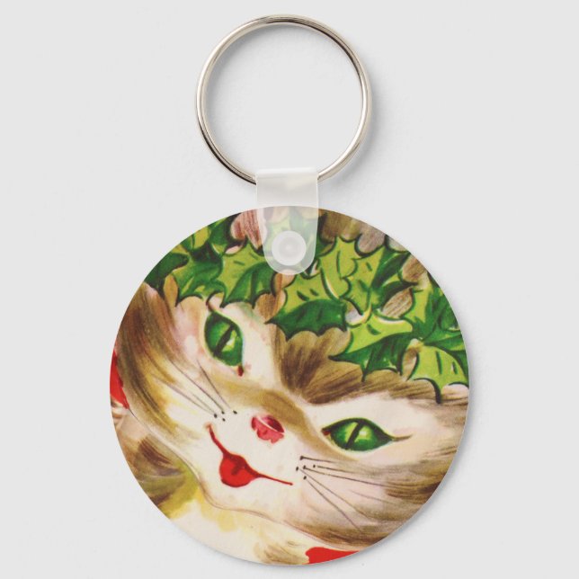 vintage Christmas kitty Keychain (Front)