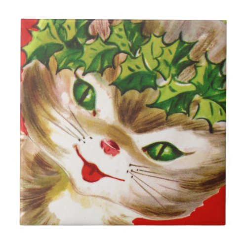 vintage Christmas kitty Tile