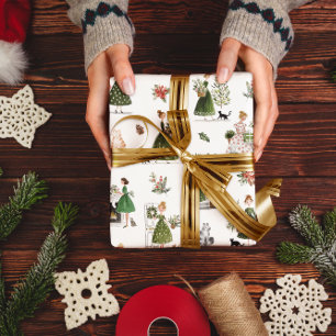 Vintage Christmas Ladies and Cats Watercolor Wrapping Paper