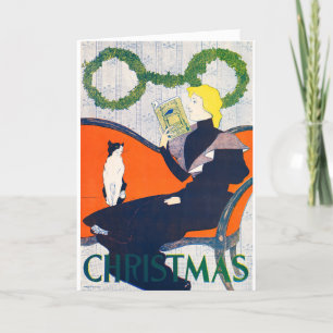 Vintage Christmas Lady and her Cat Holiday Card