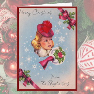 Vintage Christmas Lady Custom Name Blank Inside Holiday Card