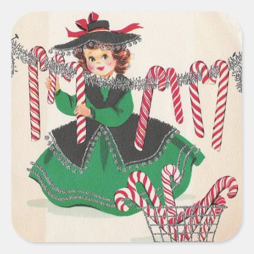 Vintage Christmas Lady Hanging Candy Canes Square Sticker