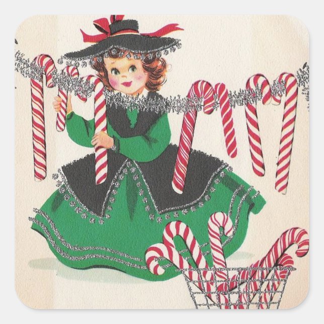 Vintage Christmas Lady Hanging Candy Canes Square Sticker (Front)
