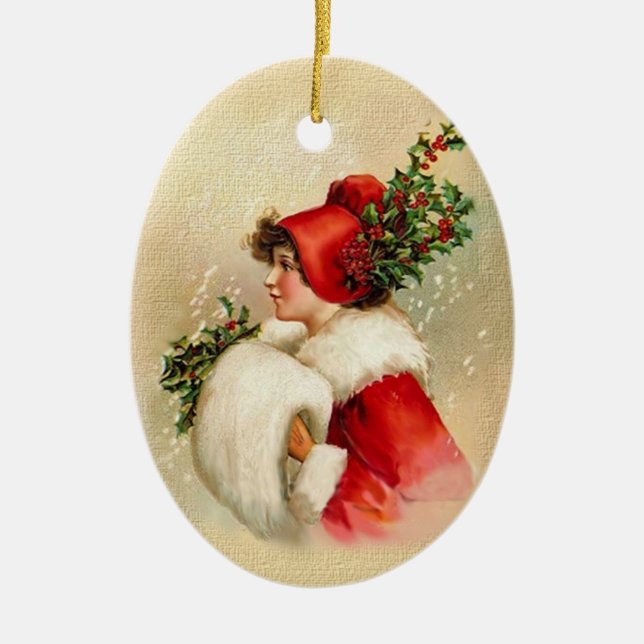 Vintage Christmas Lady in Red Ceramic Ornament (Front)