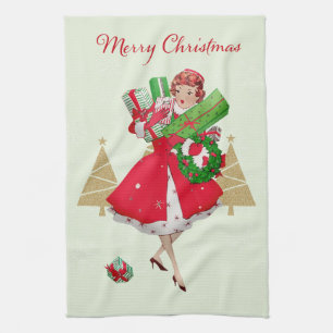 Vintage Christmas Lady Presents Red Green Gold Kitchen Towel