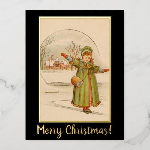 Vintage Christmas Landscape Baby Girl Black Dress Foil Holiday Postcard