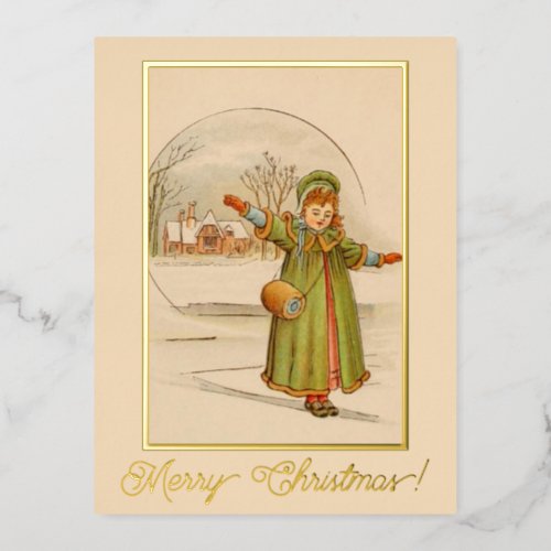 Vintage Christmas Landscape Baby Girl Green Dress Foil Holiday Postcard