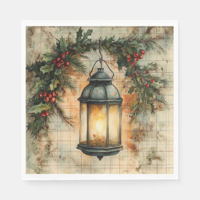 Vintage Christmas Lantern Holly & Cherries Holiday Napkins