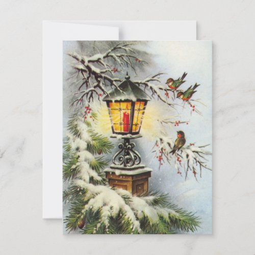 Vintage Christmas Lantern Light And Birds Holiday Card