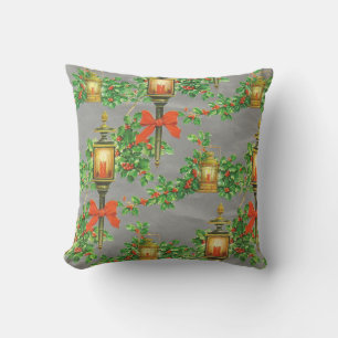 Vintage Christmas Lanterns Red Bows Holly Throw Pillow