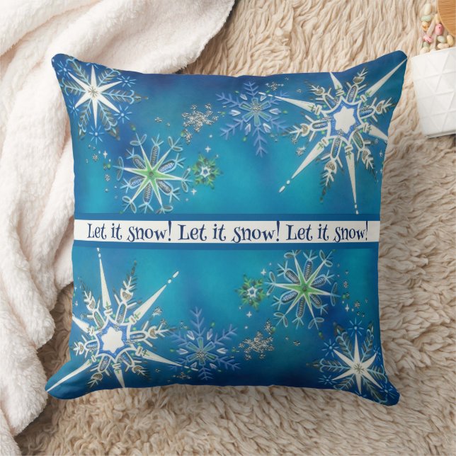 Vintage Christmas "Let It Snow" Snowflake Throw Pillow (Blanket)