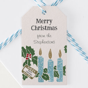 Vintage Christmas Linocut Print Blue Candles Gift Tags
