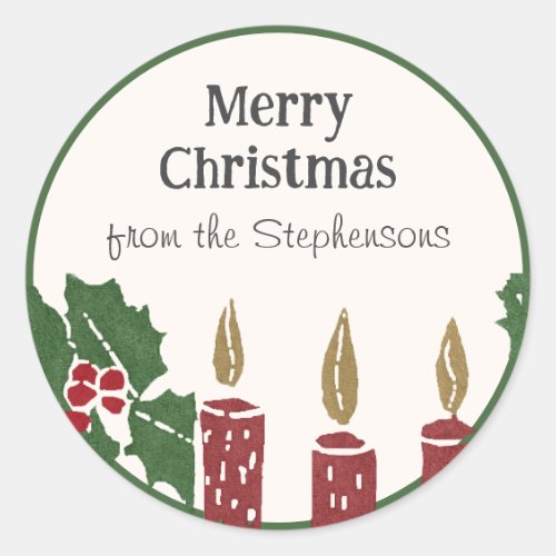 Vintage Christmas Linocut Print Candles Classic Round Sticker