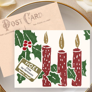 Vintage Christmas Linocut Print Candles Postcard