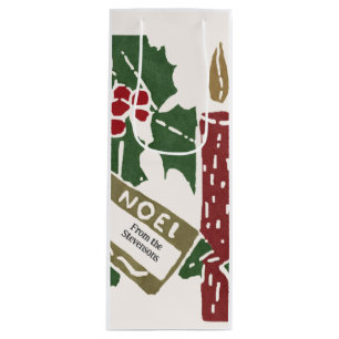 Vintage Christmas Linocut Print Candles  Wine Gift Bag
