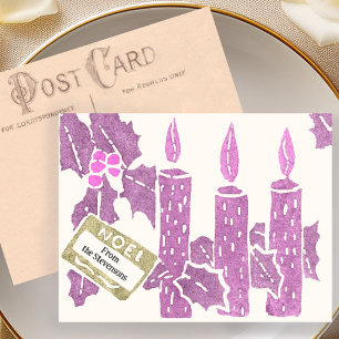 Vintage Christmas Linocut Print Pink Candles  Postcard