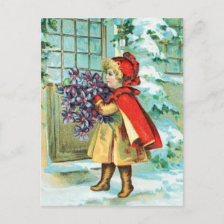 Vintage Christmas Little Girl & Violets Holiday Postcard