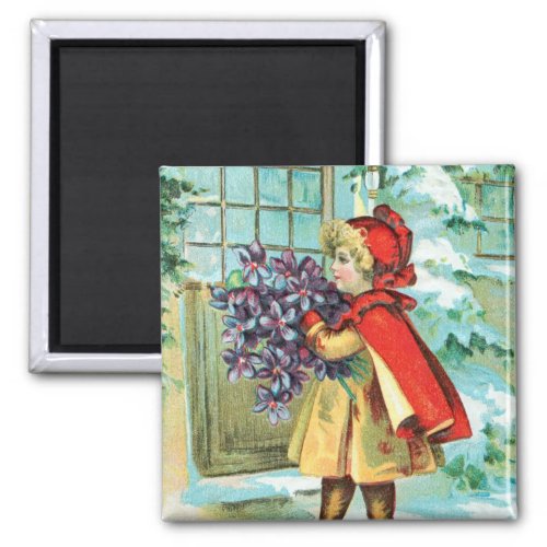 Vintage Christmas Little Girl  Violets Magnet