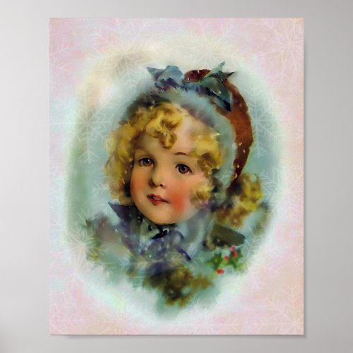 Vintage Christmas Little Girl With Hat In Snow Poster