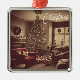 Vintage Christmas Living Room Tree with Gifts Metal Ornament