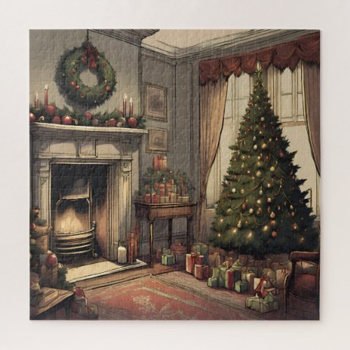 Vintage Christmas Living Room with Christmas Tree Jigsaw Puzzle