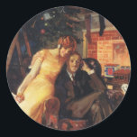 Vintage Christmas, Love and Romance Couple Classic Round Sticker<br><div class="desc">Vintage illustration Merry Christmas holiday image featuring a happy,  romantic couple opening Christmas gifts by the fireplace and decorated tree. Season's Greetings!</div>