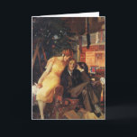 Vintage Christmas, Love and Romance Couple Holiday Card<br><div class="desc">Vintage illustration Merry Christmas holiday image featuring a happy,  romantic couple opening Christmas gifts by the fireplace and decorated tree. Season's Greetings!</div>