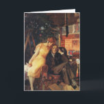 Vintage Christmas, Love and Romance Couple Holiday Card<br><div class="desc">Vintage illustration Merry Christmas holiday image featuring a happy,  romantic couple opening Christmas gifts by the fireplace and decorated tree. Season's Greetings!</div>