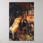 Vintage Christmas, Love and Romance Couple Poster<br><div class="desc">Vintage illustration Merry Christmas holiday image featuring a happy,  romantic couple opening Christmas gifts by the fireplace and decorated tree. Season's Greetings!</div>
