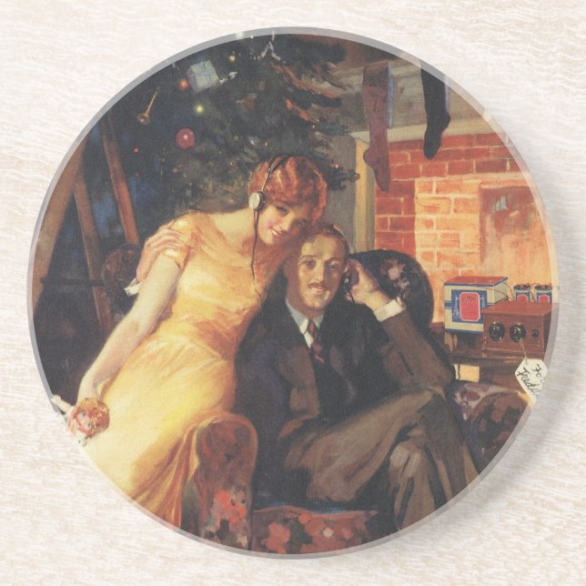 Vintage Christmas, Love and Romance Couple Sandstone Coaster (Front)