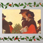 Vintage Christmas, Love and Romance Gift Shopping Poster<br><div class="desc">Vintage illustration Merry Christmas holiday love and romance image featuring a couple shopping during the Christmas rush. The are carrying wrapped presents and holly leaves with red berries.</div>