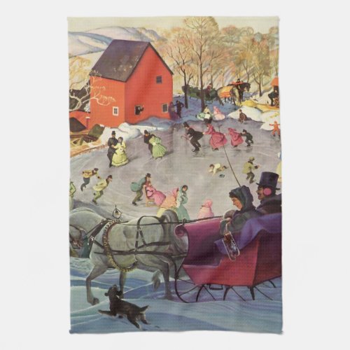 Vintage Christmas Love and Romance Sleigh Ride Kitchen Towel