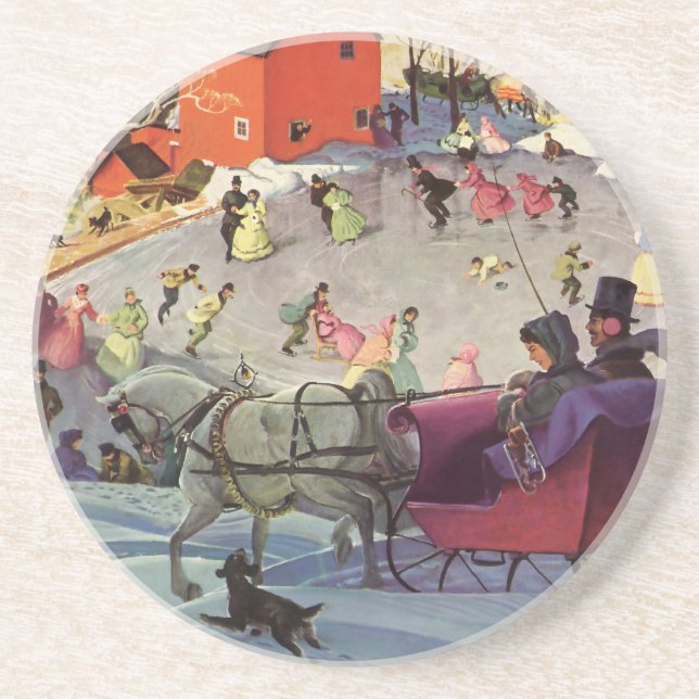 Vintage Christmas, Love and Romance Sleigh Sandstone Coaster (Front)