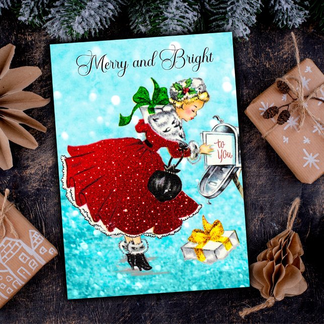 Vintage Christmas mail box red glitter girl Invitation (Creator Uploaded)