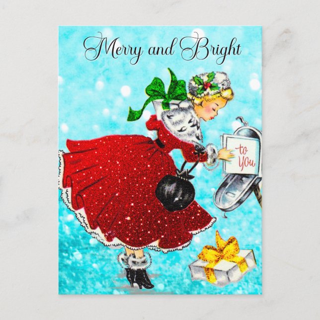 Vintage Christmas mail box red glitter girl Postcard (Front)
