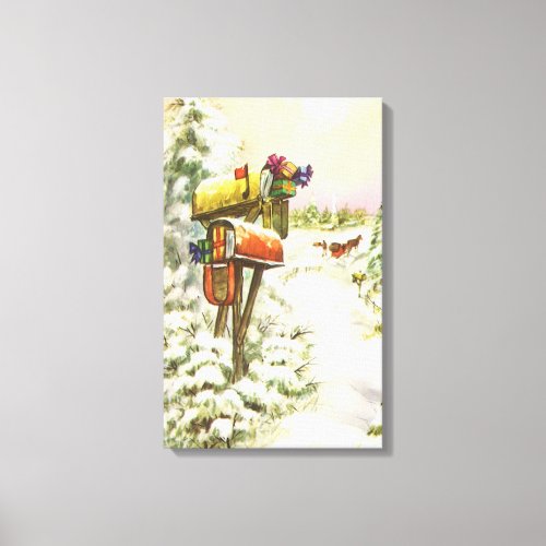 Vintage Christmas Mailboxes in Winter Landscape Canvas Print