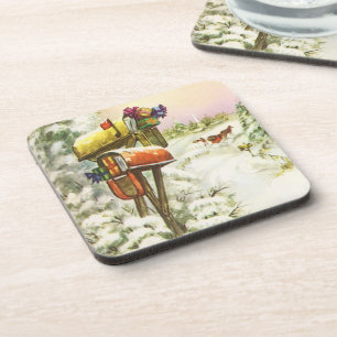 Vintage Christmas, Mailboxes in Winter Landscape Coaster
