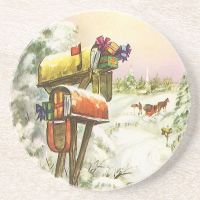 Vintage Christmas, Mailboxes in Winter Landscape  Coaster (Front)