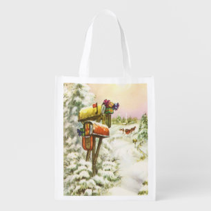 Vintage Christmas, Mailboxes in Winter Landscape Grocery Bag