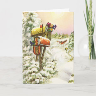 Vintage Christmas, Mailboxes in Winter Landscape Holiday Card
