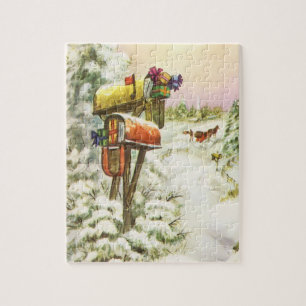 Vintage Christmas, Mailboxes in Winter Landscape Jigsaw Puzzle