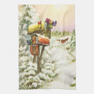Vintage Christmas, Mailboxes in Winter Landscape Kitchen Towel