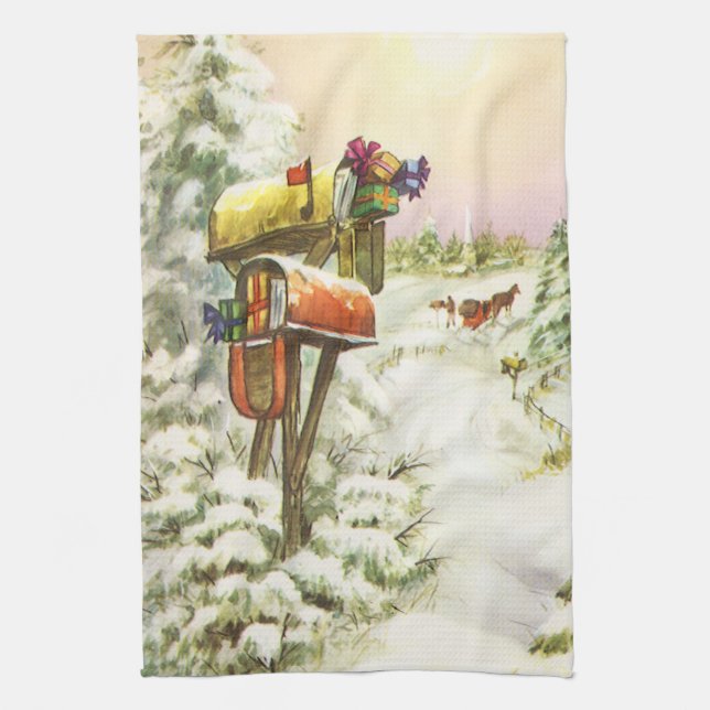 Vintage Christmas, Mailboxes in Winter Landscape  Kitchen Towel (Vertical)