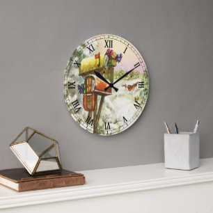 Vintage Christmas, Mailboxes in Winter Landscape Large Clock