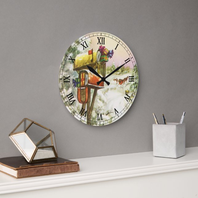 Vintage Christmas, Mailboxes in Winter Landscape  Large Clock (Office)