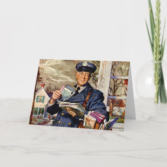 Vintage Christmas, Mailman Delivering Mail Letters Holiday Card (Front)
