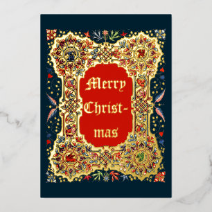 Vintage Christmas Medieval Illuminated Style Foil Holiday Card