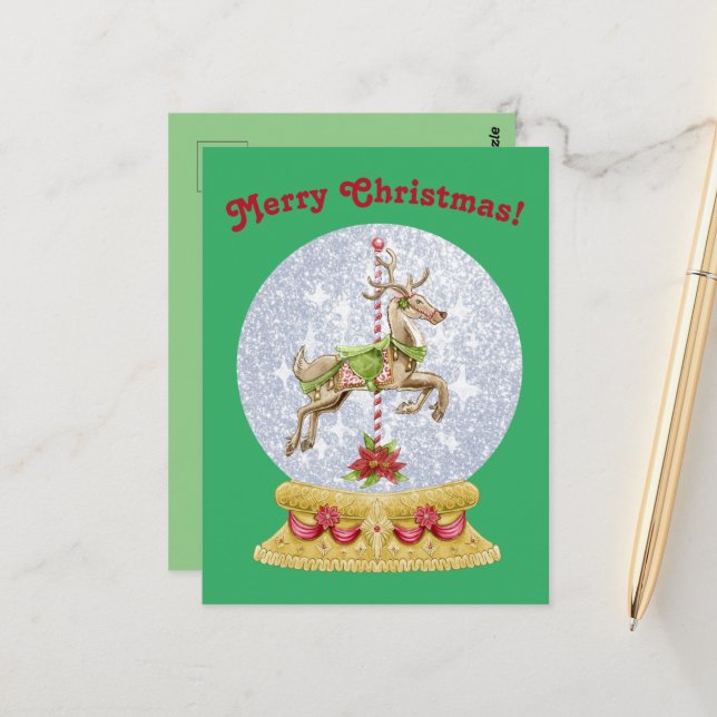 Vintage Christmas Merry Go Round Snowglobe Postcard (Front/Back In Situ)