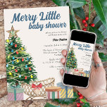 Vintage Christmas Merry Little Baby Shower Invitation<br><div class="desc">Vintage christmas baby shower invitation lettered with "Merry Little Baby Shower". This watercolor design features a lit christmas tree, cradle and gifts with retro typography in a blue and cream color palette. Whimsical, quirky and perfect for the festive holiday season. Please browse my Vintage Christmas collection for matching items or...</div>